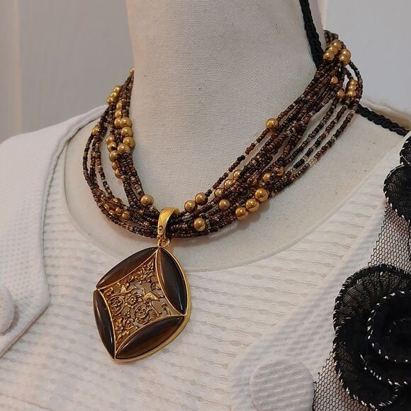π΅Joan Rivers Gorgeous Bead Necklace Tiger's Eye Birds Flower Filigree Pendant - Picture 4 of 7